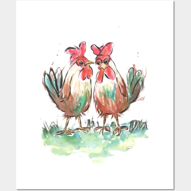 Chickens, Love Bird Couple Wall Art by Marjansart 
